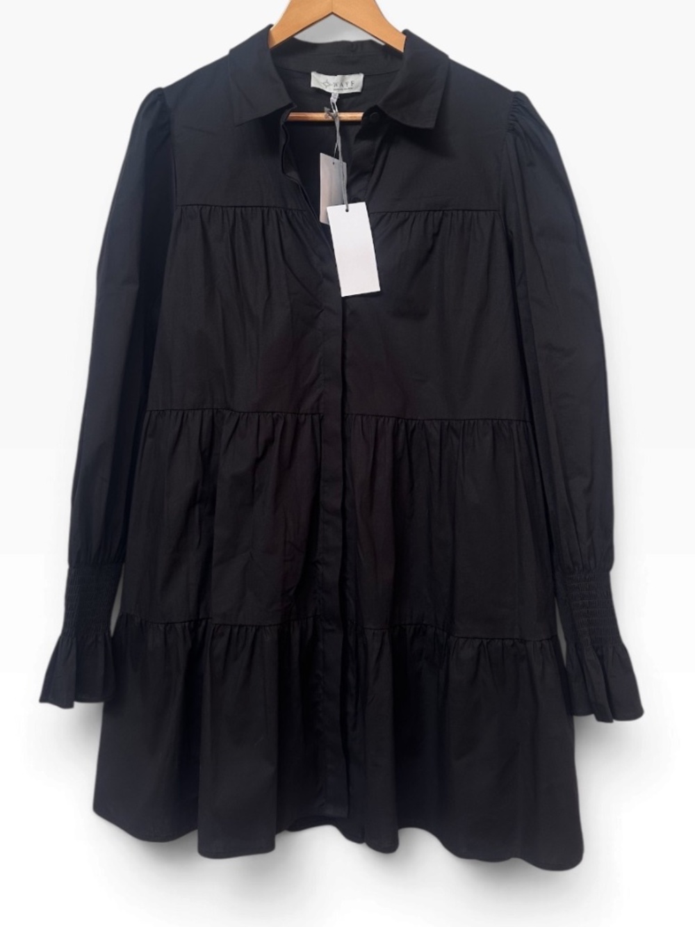 NWT WAYF Medium Black Tiered Shirt Mini Dress Smocked Sleeve Cuffs Collared